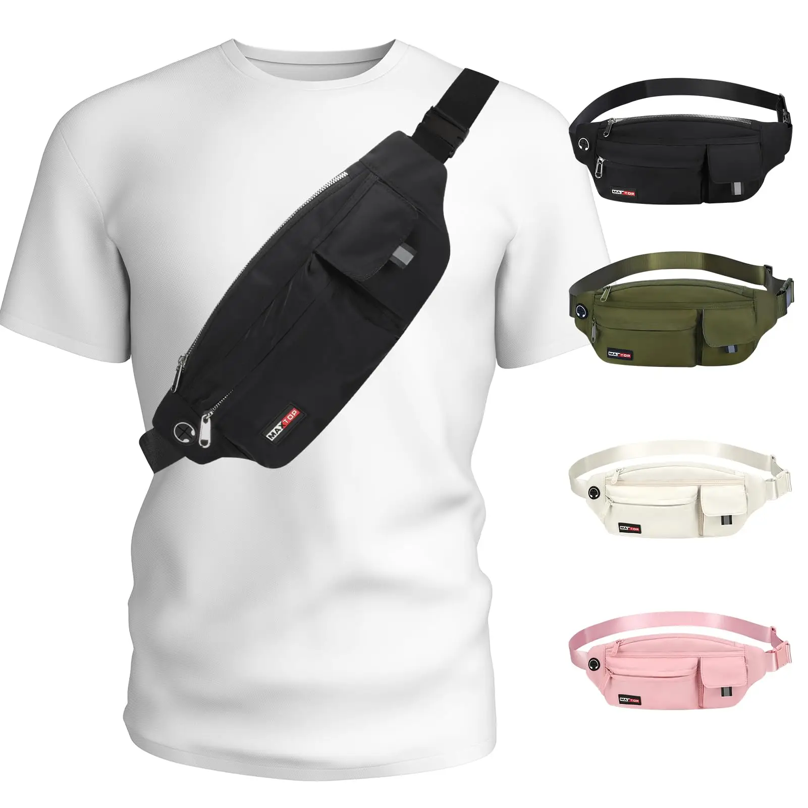 Maxtop Grote Crossbody Fanny Packs Voor Mannen Vrouwen Zwarte Hardloopriem Tas Modieuze Heuptas, Reisgeld Riem Telefoonhouder Fo