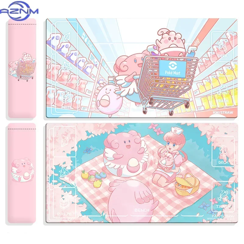 Pink Sweet Anime Card Game Mousepad, Rubber Non-Slip Playmat with Game Zone Markings, Smooth Large Table Mat for Trading Card Ga