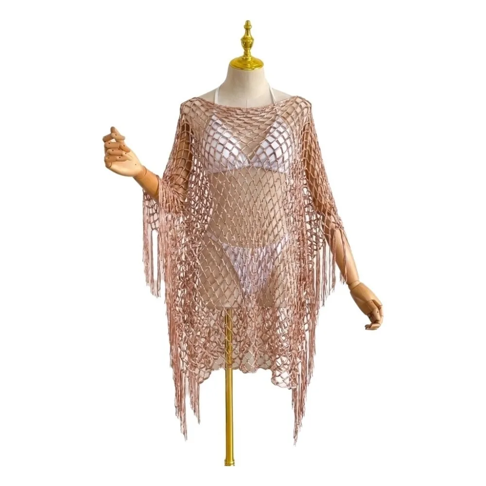 

Simple Tassel Sunscreen Cover-up Crochet Loose Fit Bohemian Shawl Casual Plus Size Knit Hollow Out Top Lady