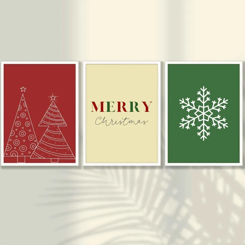 3pcs Red Green Christmas Gallery Wall Art Prints Line Art Xmas Tree Snowflake Merry Christmas Modern Holiday Unframed Canvas