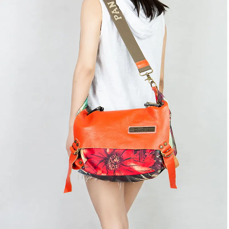 

2025 New Genuine Leather With Canvas Women Handbags Female Casual Printing Crossbody Bag Shoulder Large Capacity Bags