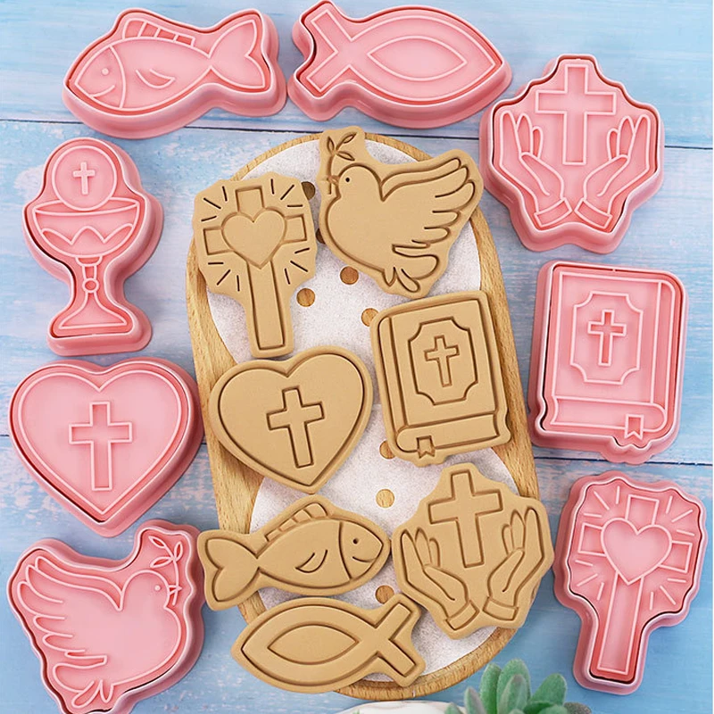 8pc Set First Holy Communion Cartoon Cookie Mold Christian Cross Baby Baptism Cookie Embosser Mold Fondant Cake Decorating Tools