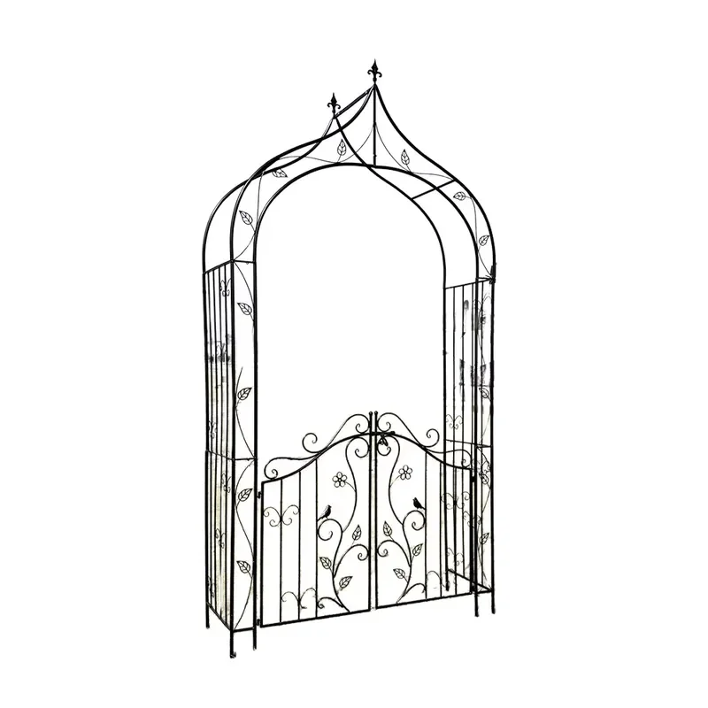 Metal Garden Arch with Gate, Ornate Scrollwork Patio Arbor for Climbing Plants Vines and Outdoor Wedding Ceremony Decor