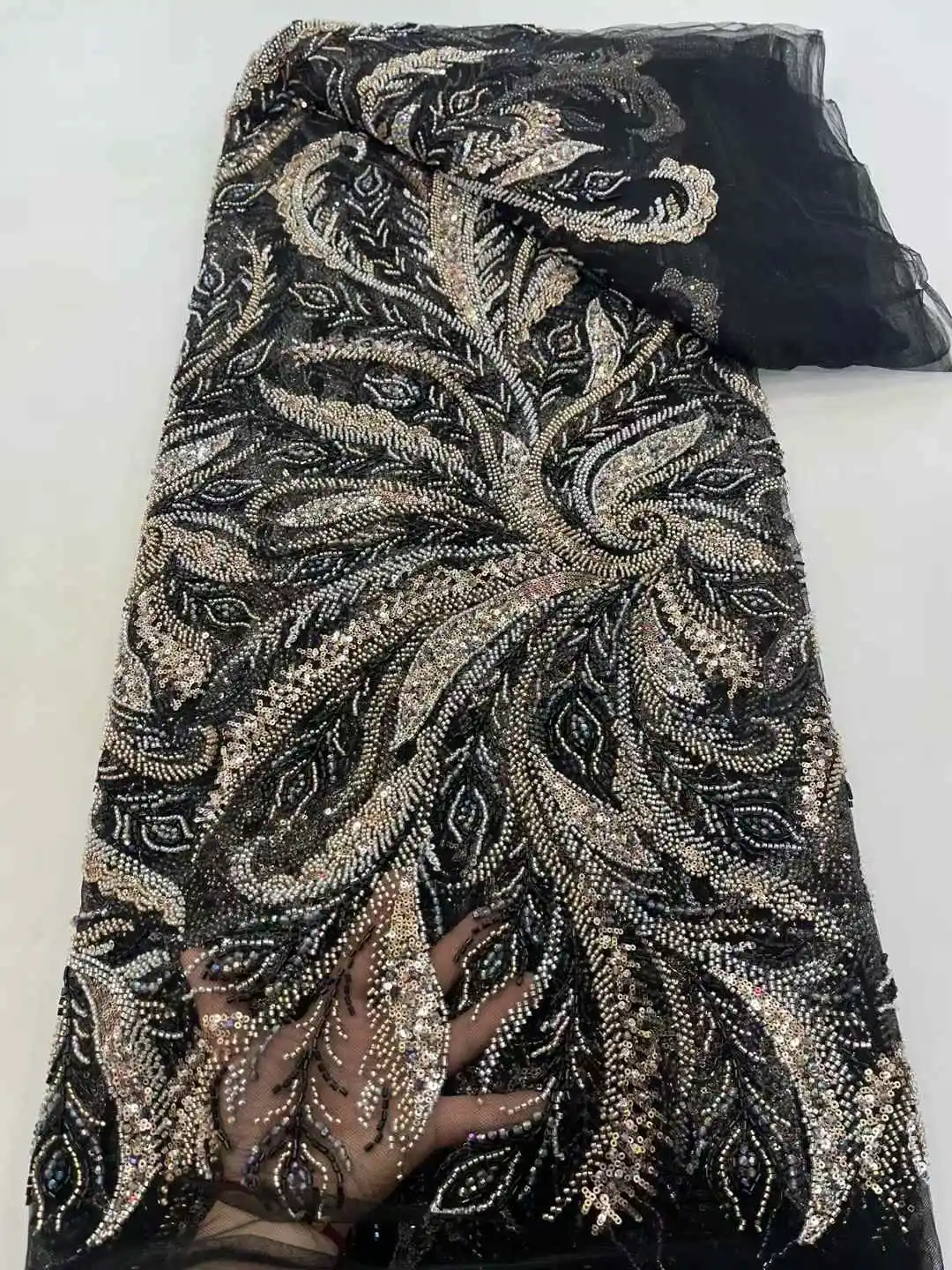 

African Beads Lace Fabric 2025 High Quality Nigerian Sequins Beads Lace Fabric French Laces Fabrics For Party Dress Sewing