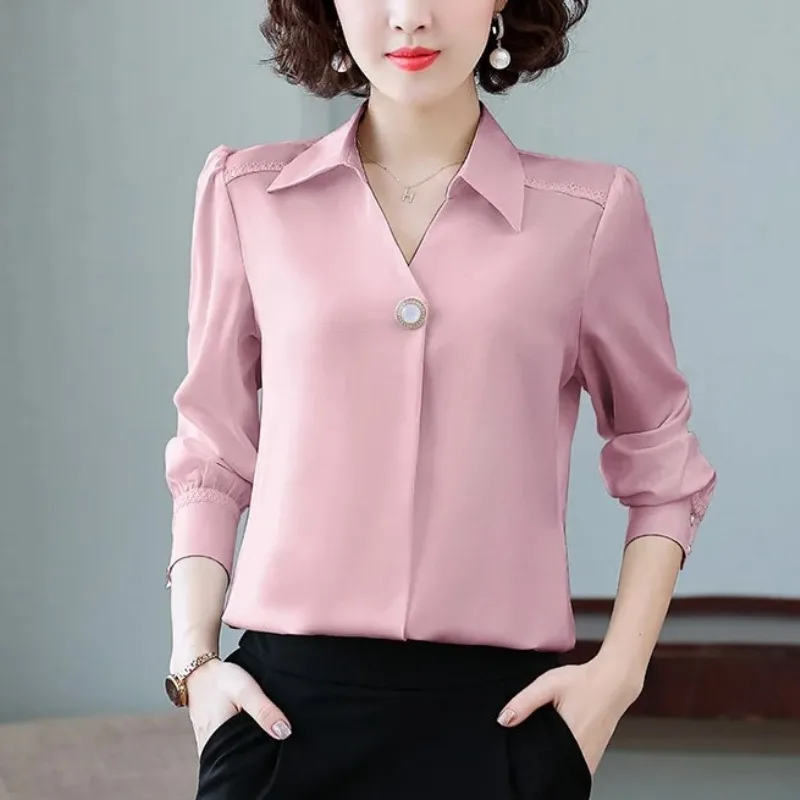 Spring Autumn Women\'s Solid Color Pullover Turn-down Collar Beaded Lantern Long Sleeve Chiffon Shirt Elegant Formal Chic Tops