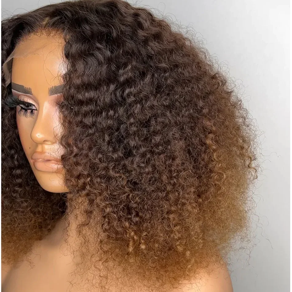 Kinky Curly Soft Lace Front Wig pour femmes noires, 26 "de long, Ombre, Blonde, Marron, Deep Lace Front Wig, Baby Hair, Pre-Plucked, Natural Hairline, 180Density