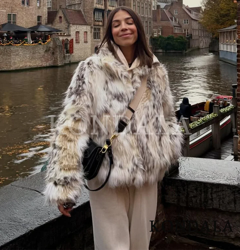 

KONDALA Fall Winter Pattern Fur Jacket Half Turtleneck Faux Fur Jacket Women Coat 2025 Fashion High Street Party Coat For Ladies