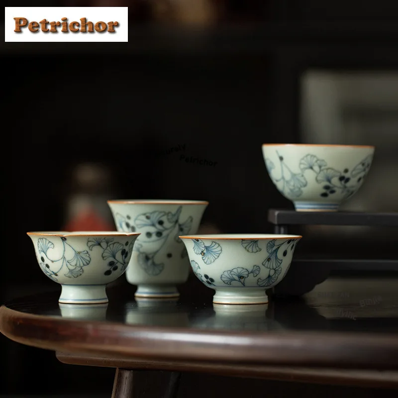 Antique Blue And White Ginkgo Leaf Teacup Zen Tea Bowl Cup For Tea Tea-tasting Fragrance Cup Chazhan Master Cups Tea Items Gift