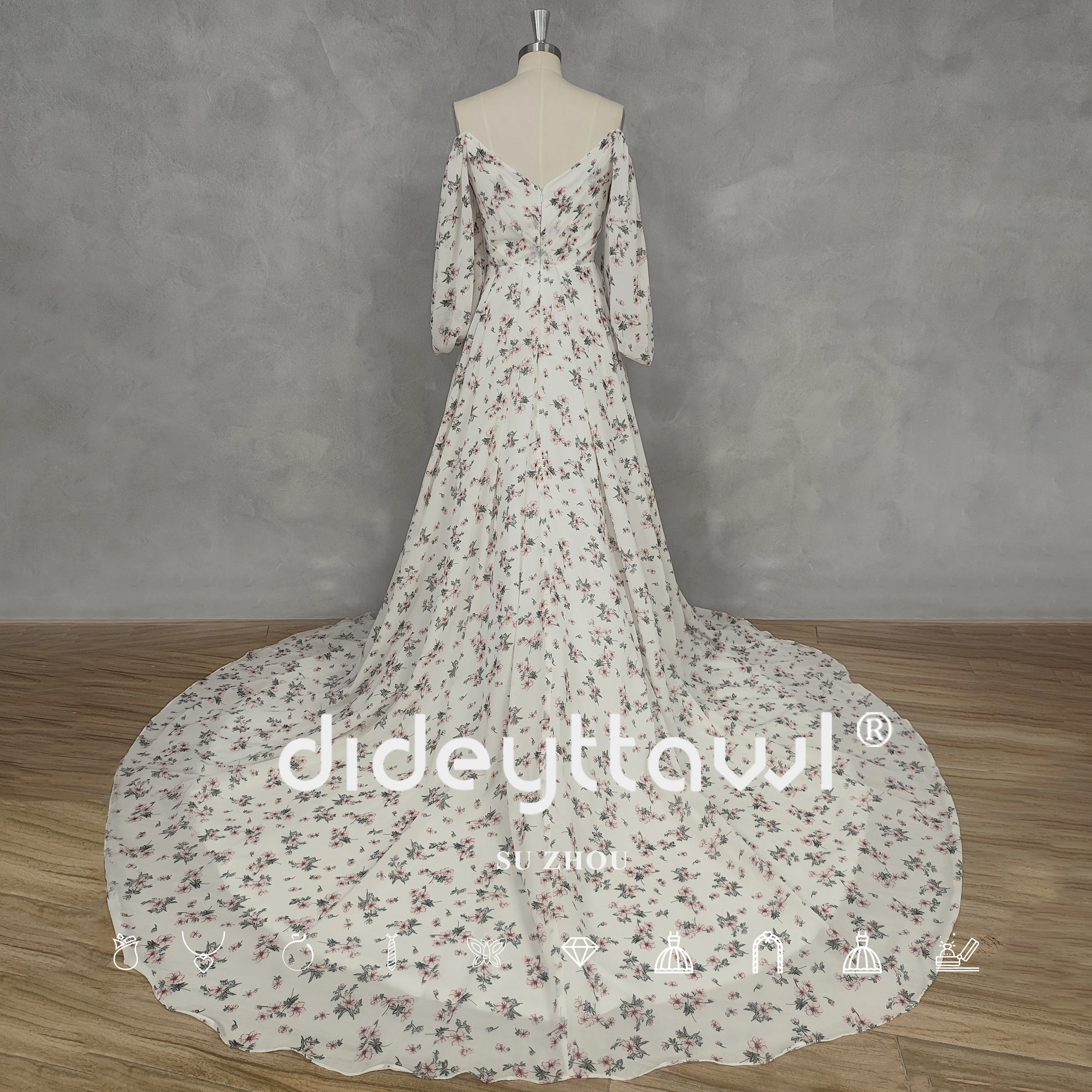 DIDEYTTAWL Real Picture V-Neck A-Line Long Puff Sleeves Chiffon Wedding Dress Zipper Back High Slit Court Train Bridal Gown