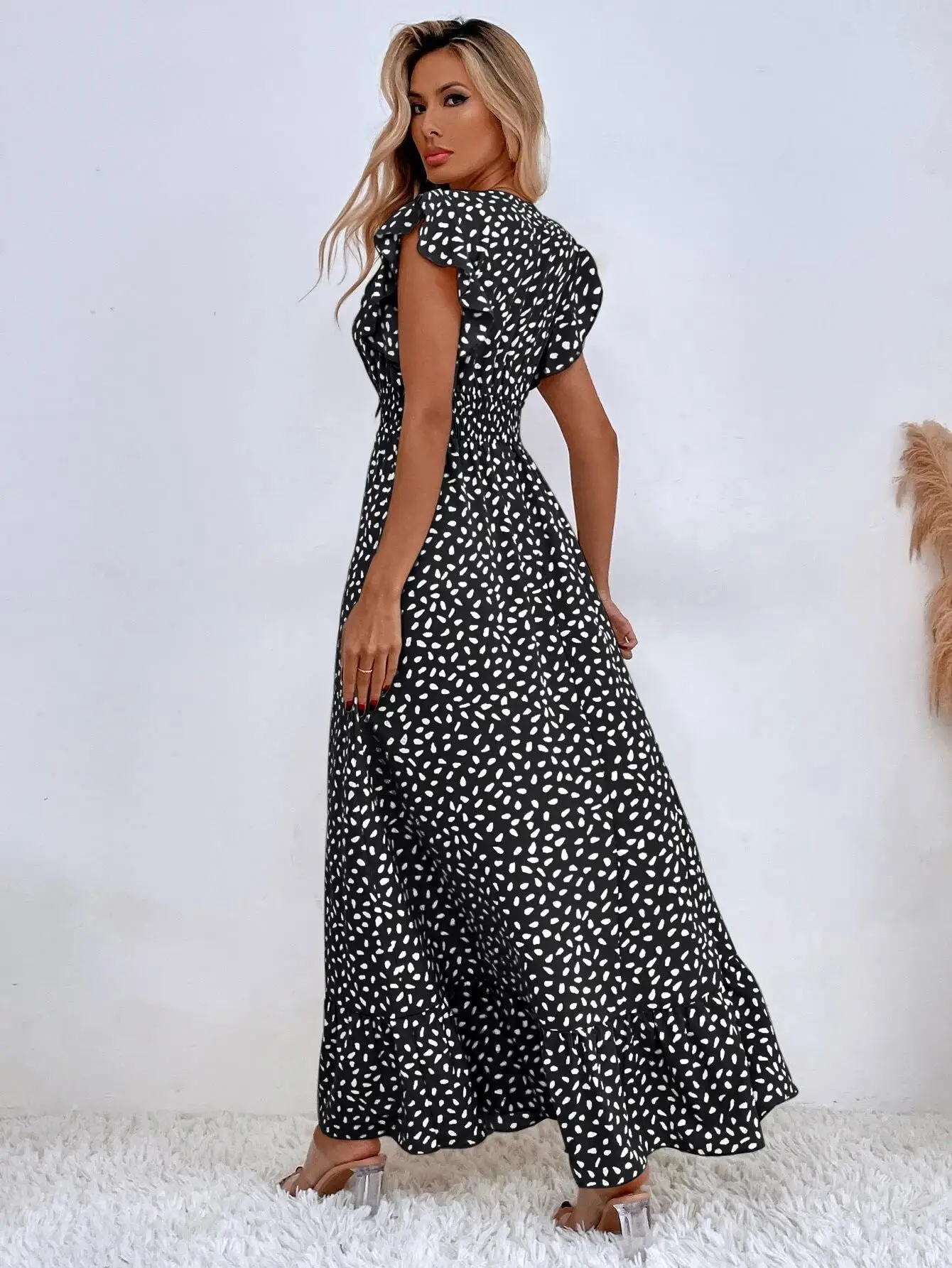 V-neck Lotus Leaf Edge Elegant Maxi Dress Women Spring Summer White Dot Printed Long Dress 2025 New Casual Boho Beach Dress Robe