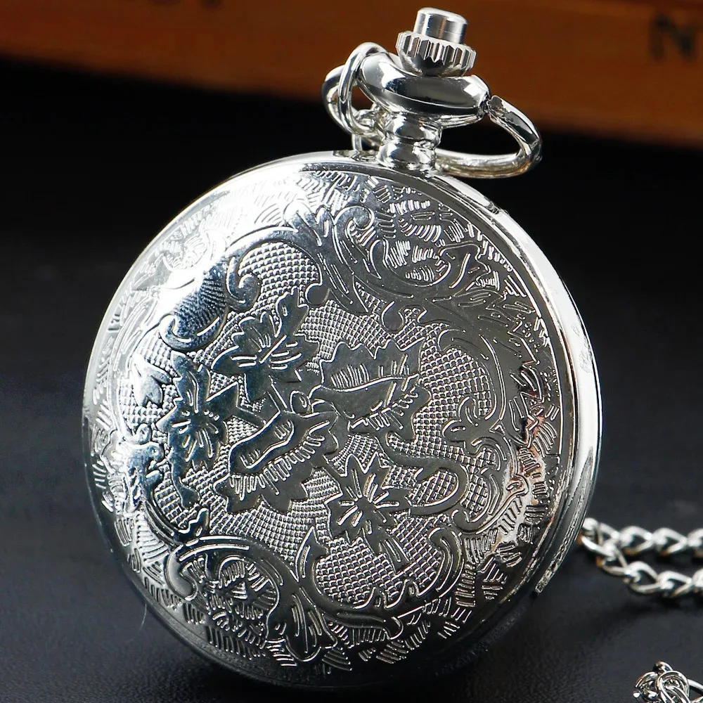 Sculptured Gear Hollow Skeleton Silver Pocket Watch Arabic Number Fob Watch Men Women Quartz Pendant Clock