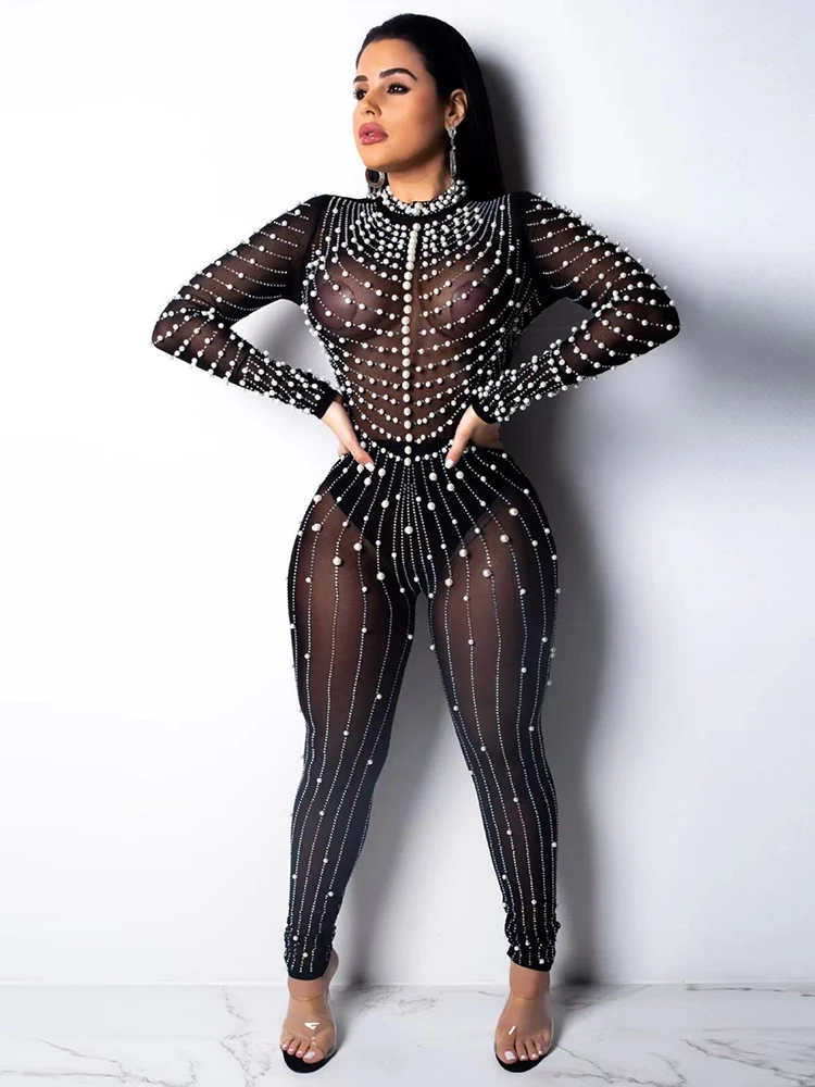 

Summer Women's Mesh Transparent Black Crystal jumpsuit Perspective Fit Sequin Beaded Nightclub Club Dress Long Pants Clubwear