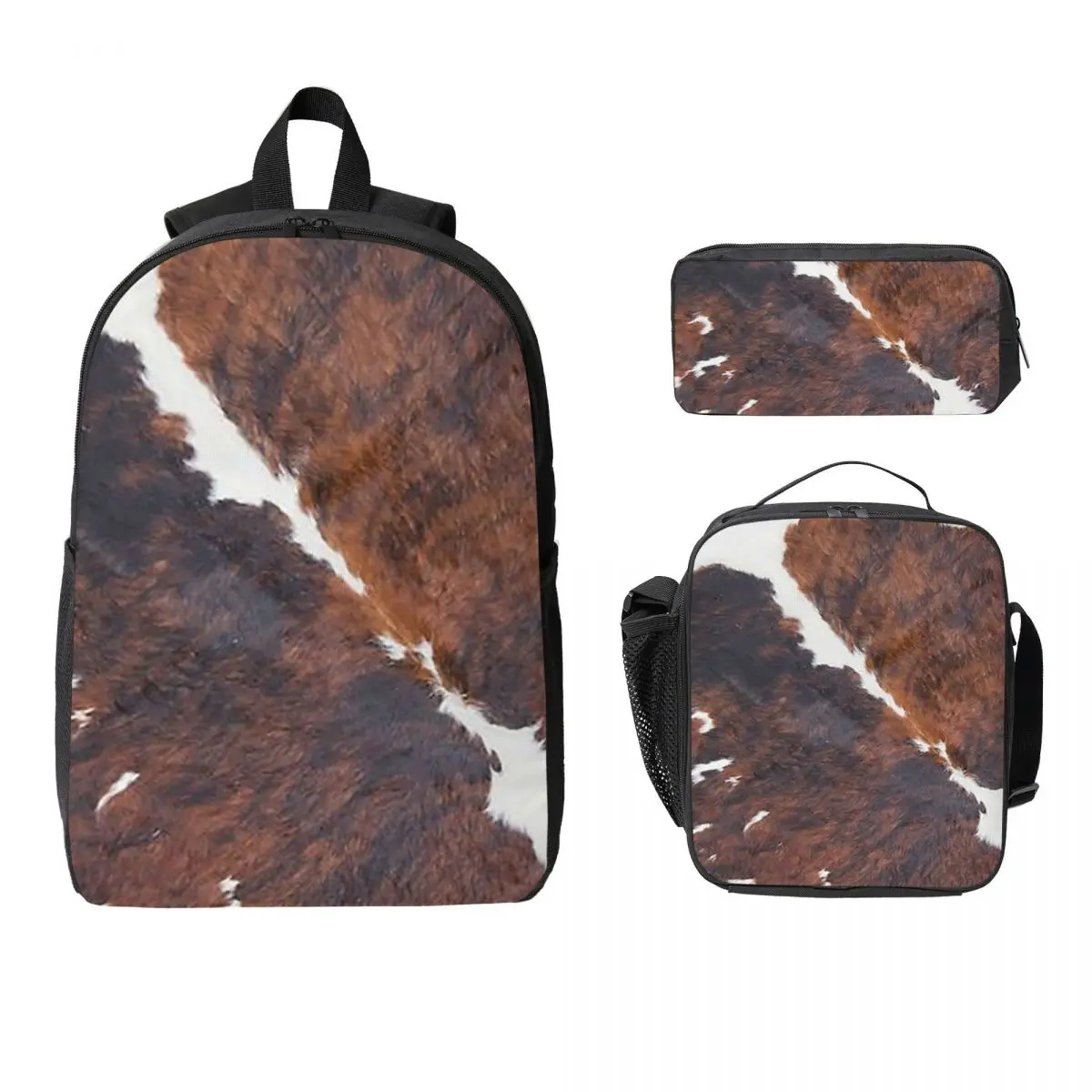 

Стильный рюкзак из воловьей кожи с текстурой коровьей кожи, студенческий рюкзак для мальчиков и девочек, школьная сумка, 3 шт., изолированная сумка для обеда, пенал