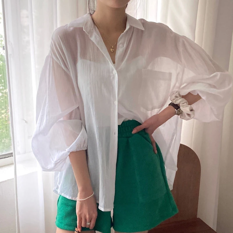 

Chic Summer Women's Bubble Sve Sun Protection irt Stand Collar Ba Strap Design Loose Fit Long Sve Casual irt