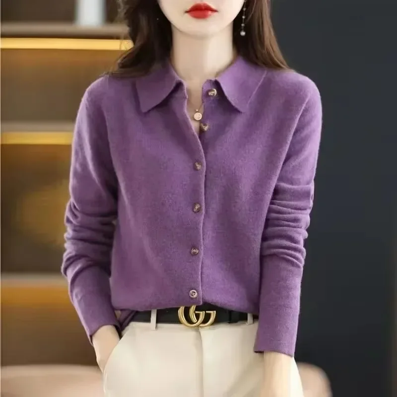 Casual Women's Soft Knit Cardigan Loose Delicate PoLo Neck Sweater Jacket Solid Color Button Shirt Fashion French Chic Design