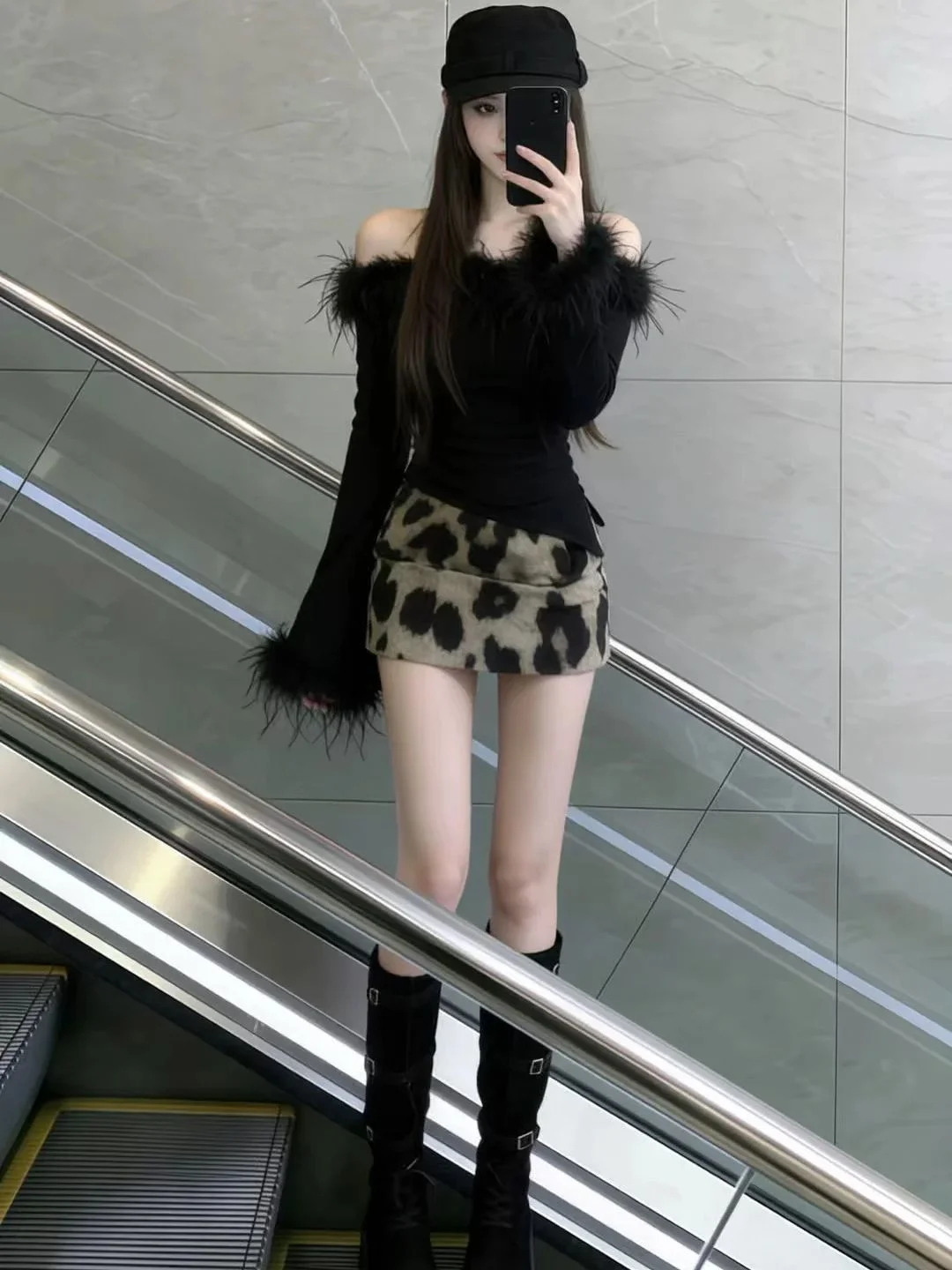 

Trendy 2026 oulder Bared Long Sve Fur Trimmed Sexy Sister Set with Wrap around Skirt Leopard Print Bodycon Outfit for Women