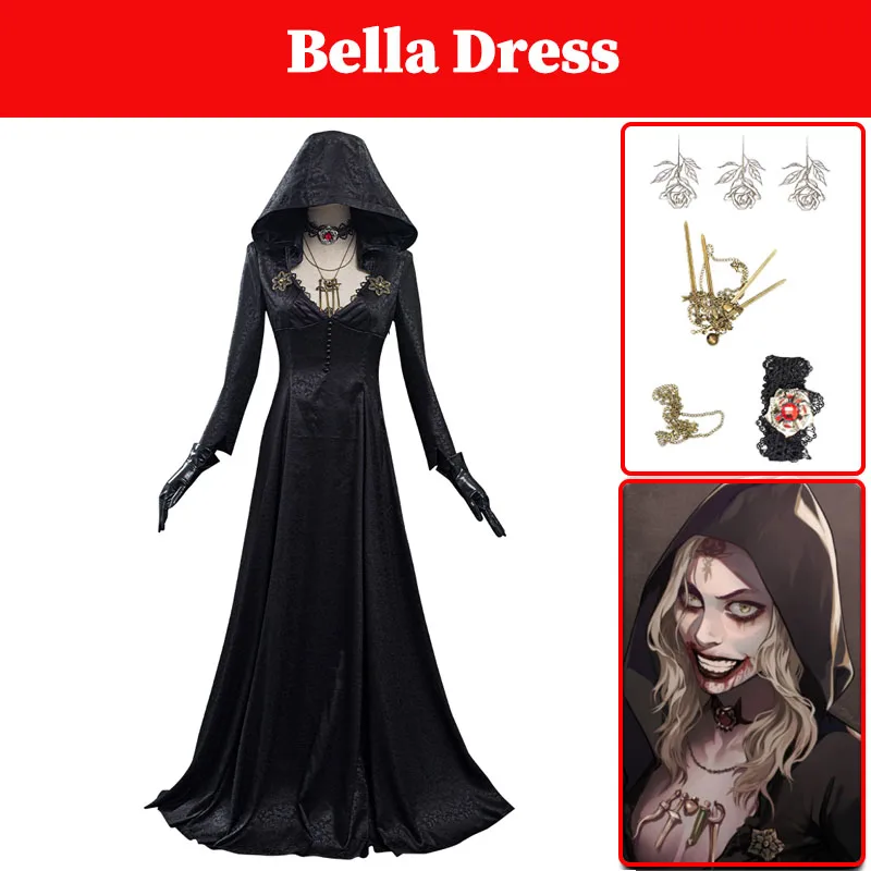 

Village Bela Cos Dimitrescu Косплей Вампир Леди Черное кружевное платье Мотылек Женский костюм Маскировка Женское платье Костюмы на Хэллоуин