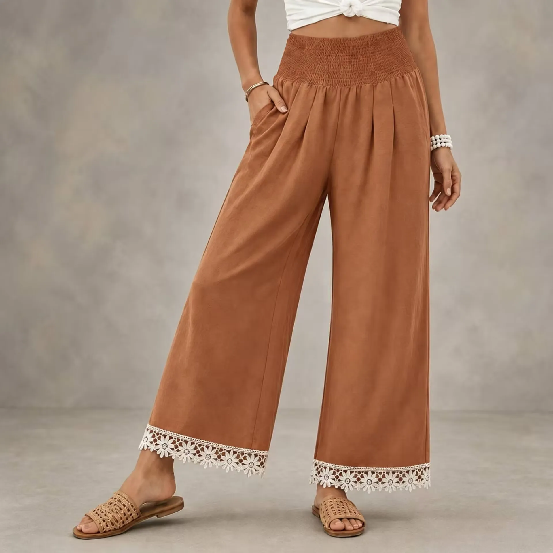 New Women's Elastic High Waist Casual Wide Leg Long Pants With Lace Hem Elegant Trendy Comfortable Loose Fit Daily Wear Trousers