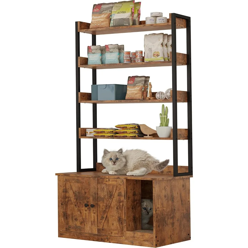 

Litter Box Enclosure with 4 Shelves and Doors, Large Wood Cat Litter Box Furniture Hidden with Storage and Scratch