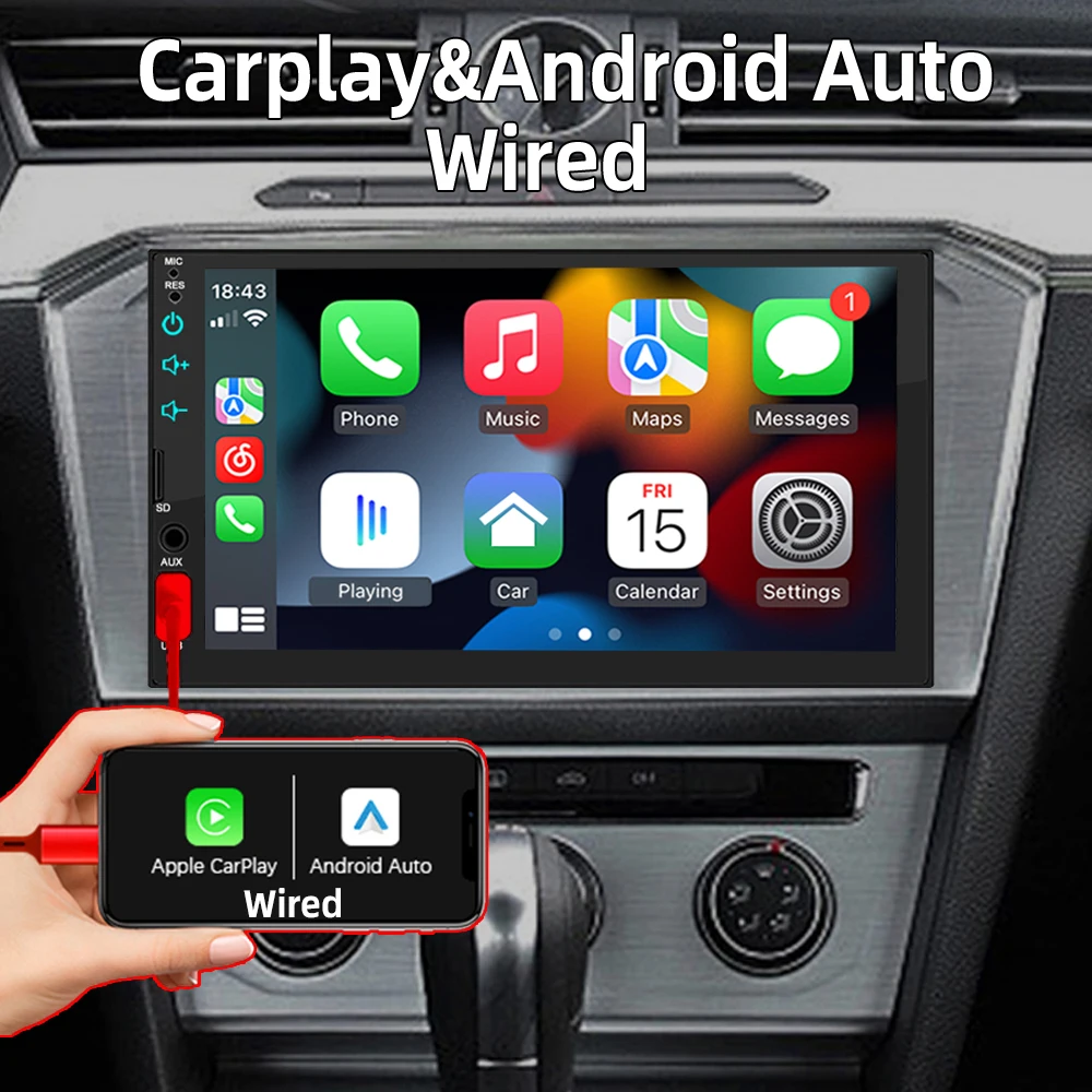 HIPPBQCC 7 Inch Car Radio Carplay Android Auto Multimedia Bluetooth Player Mirror-Link 1 Din HD Touch Screen USB FM AUX Input