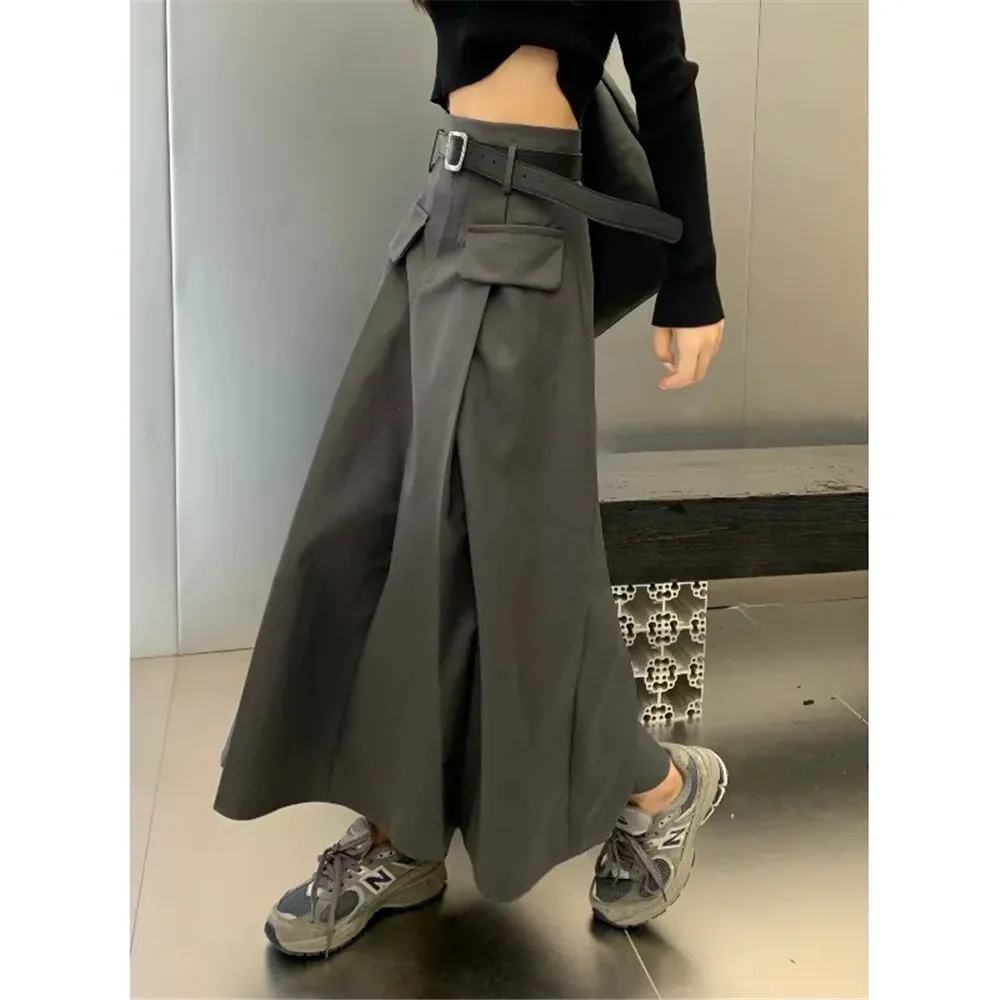 

Vintage High Waist Pleated Long Skirt Women Grey Black Harajuku Skirts Female 2023 Autumn Students Japanese Fashion A-Line Skirt