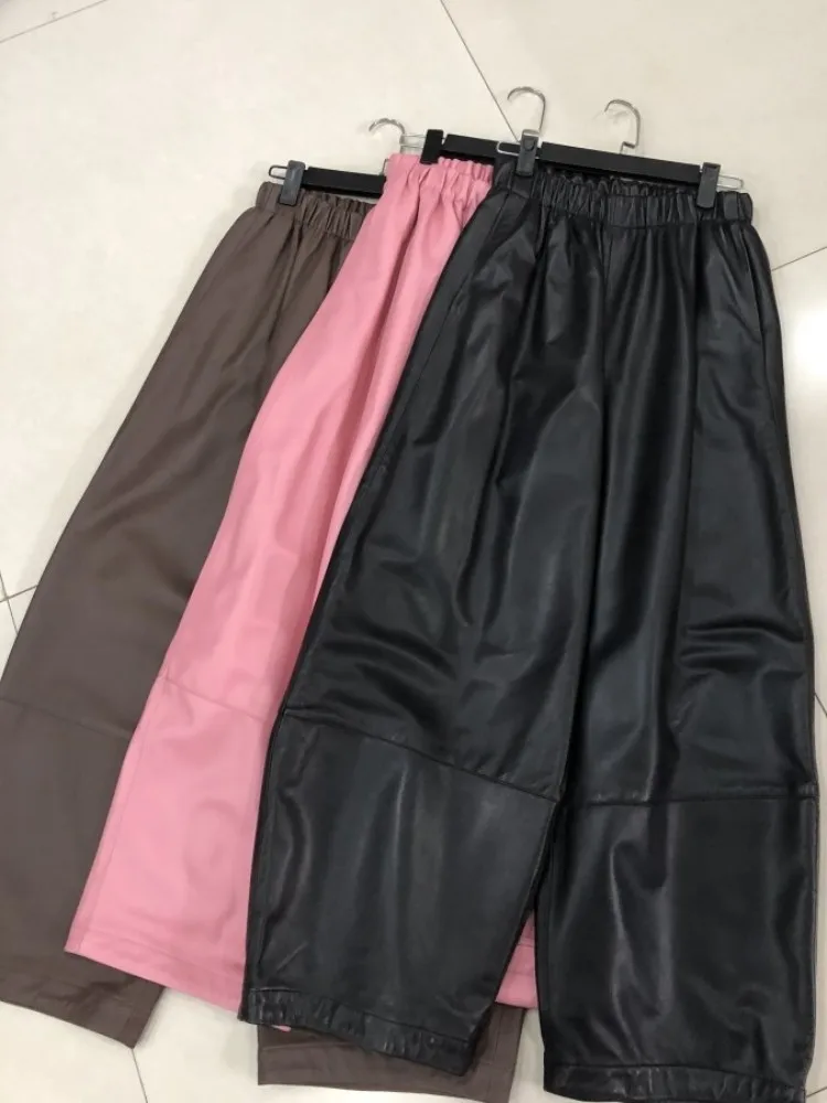 Streetwear Style Pocket Elastic Waist Ladies Handmade Genuine Leather Pants Solid Color Sheepskin Loose Wide Leg Trousers