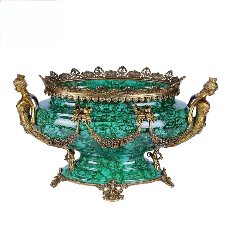 retro malachite green vase European ceramic inlaid brass fruit pot high-end luxury home decoration foyer living room