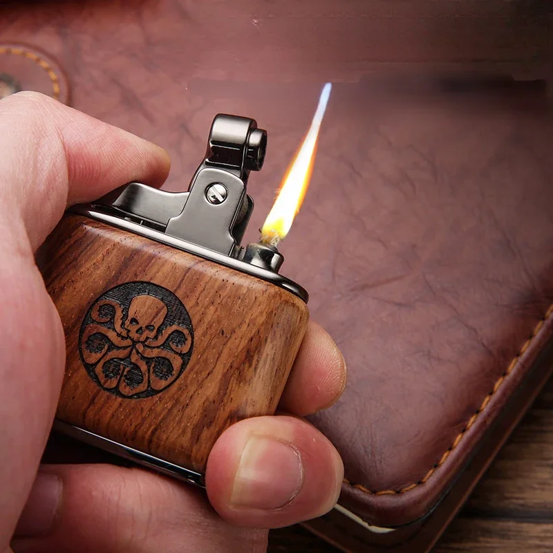 Premium Honest Windproof Kerosene Retro Nostalgic Vintage Lighter Solid Wood Mechanical Lighter Pipe Accessories Men\'s Gift