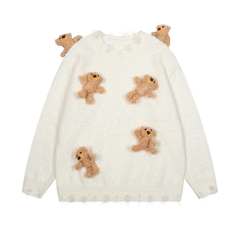 2025 가을 겨울 신상 핫세일 일본 스타일 재미있는 3D 곰 라운드넥 살구색 스웨터 루즈 캐주얼 블랙 니트 탑