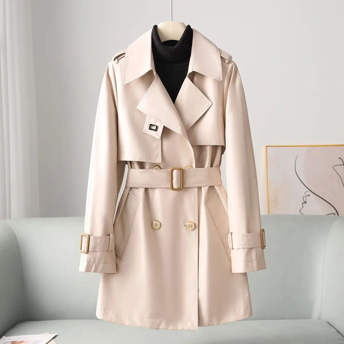 

New Solid Color Trench Coat for Women Spring Thin British Style Slim Fit Mid Length Coat