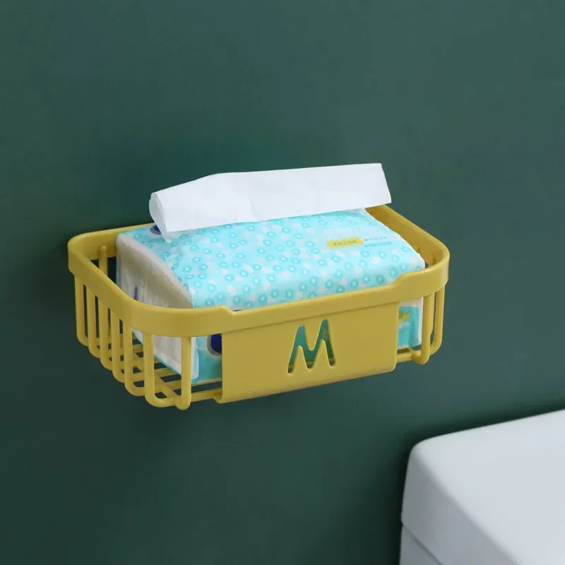 

Simple Tissue Box Bathroom Wall Hanging Traceless Paper Roll Paper Storage Basket Hole Free Hollow Out Tissue Box Storage Rack