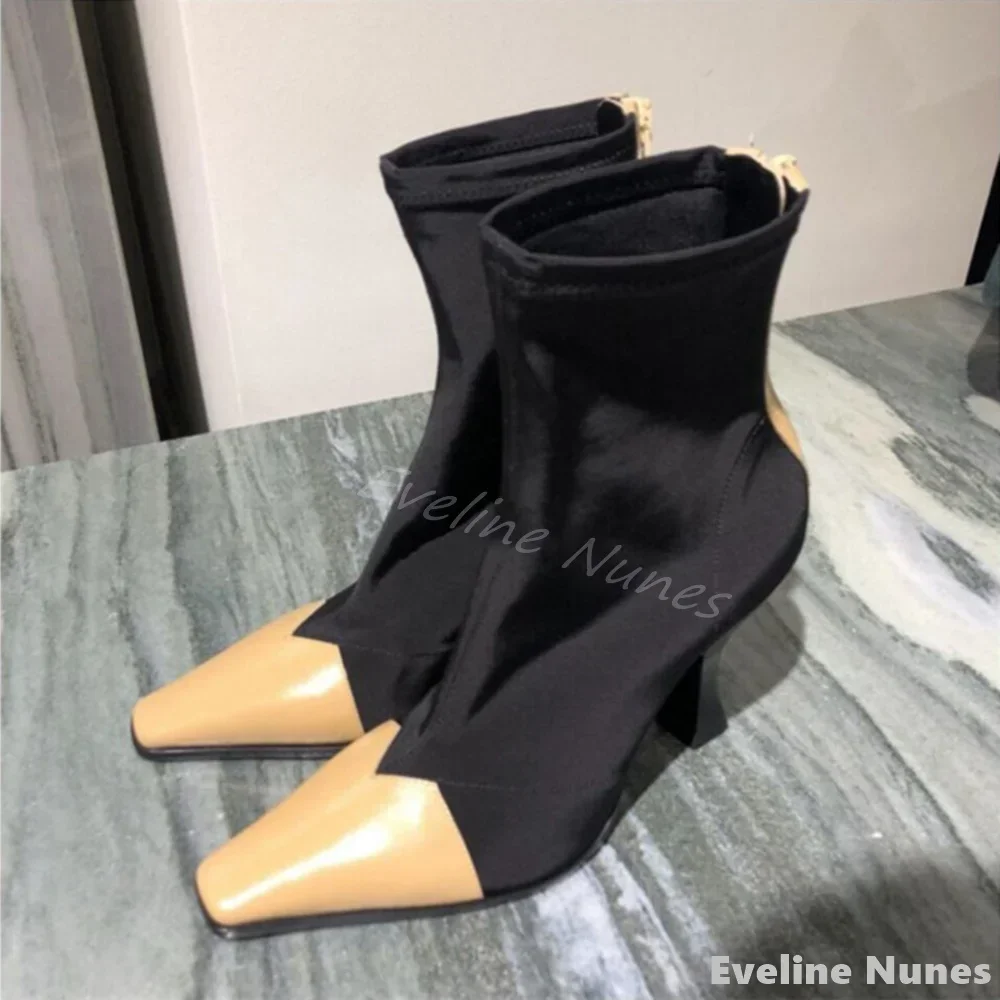 

Heart Shaped Square Toe Stretch Ankle Boots Women Black Stretch Fabric with Plush Thin Heels Short 2026 Fashion Sexy Casual Boot