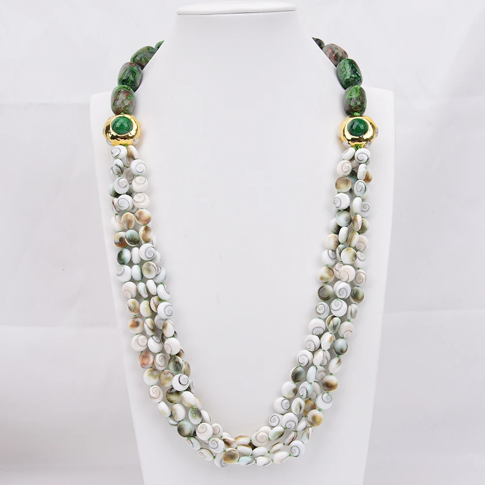 G-G 4 Rows Big Jewelry Natural Mix Green Mexican Crazy Lace Agate Sun Clam Shell Coin Gold Plated Green Jade Necklace