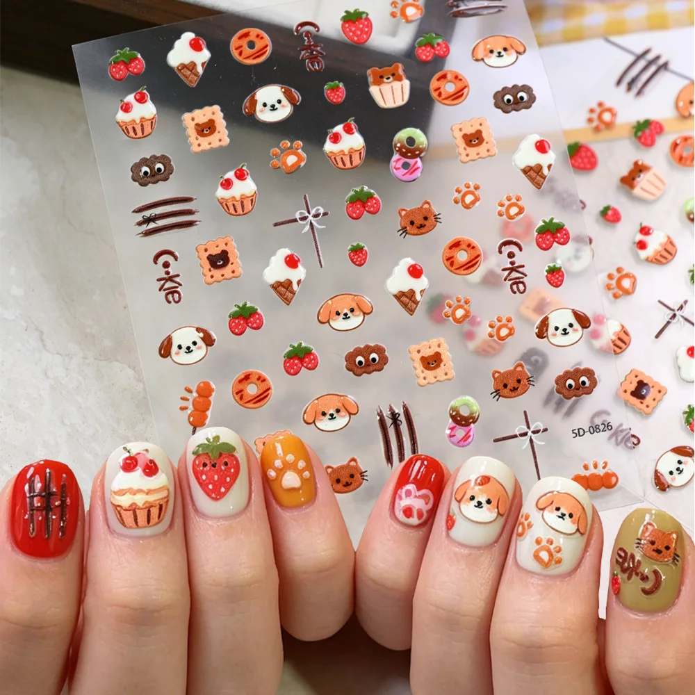 1/2pcs Dessert Puppy Bear Cookies Nail Stickers Cute Cream Cake Croissant Cartoon Manicure Sliders Bread Pizza Kids Nail Decals