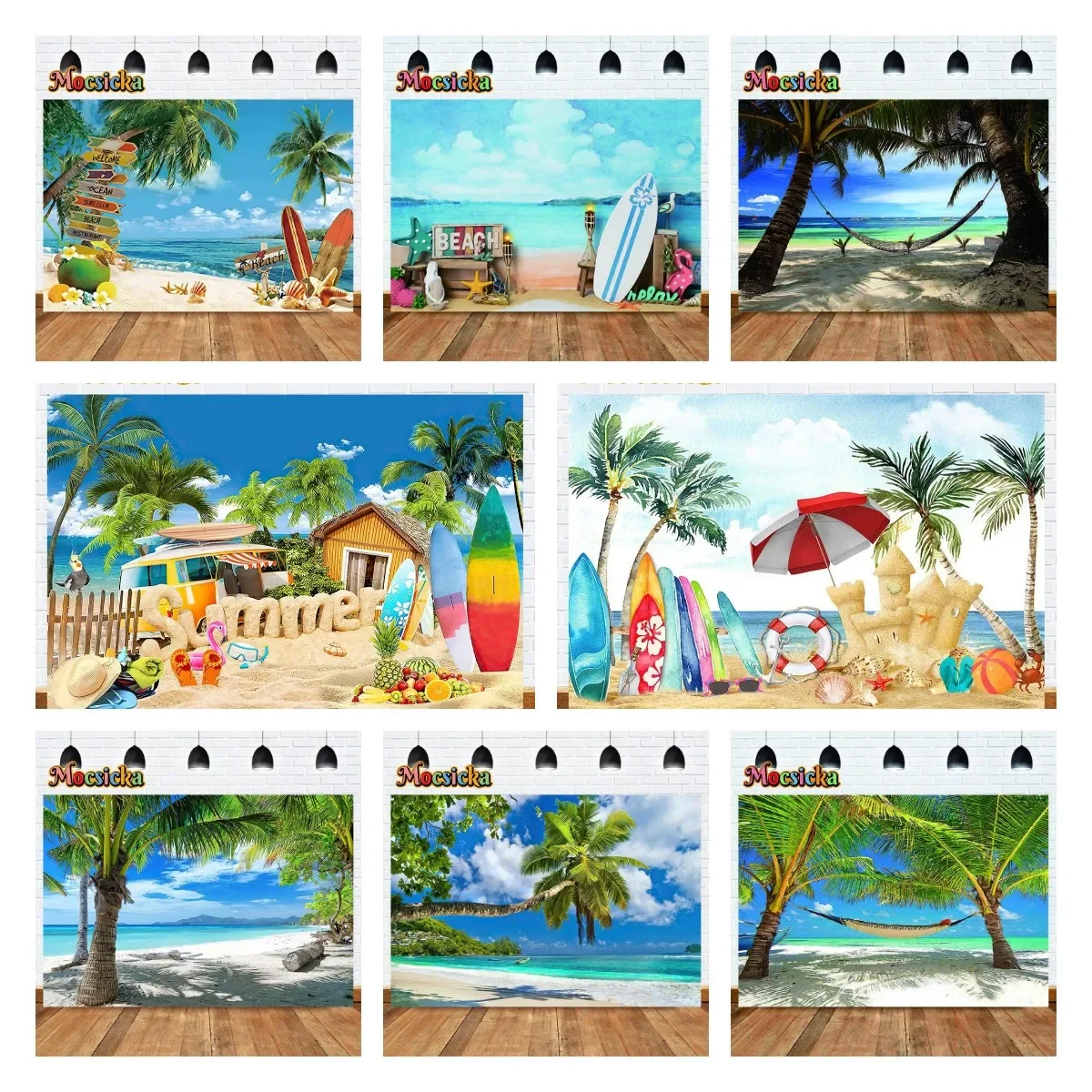 MOCSICKA летний пляжный фон для вечеринки, день рождения, фотобаннер, доска для серфинга, кокосовая пальма, цветы, фон для фотосъемки