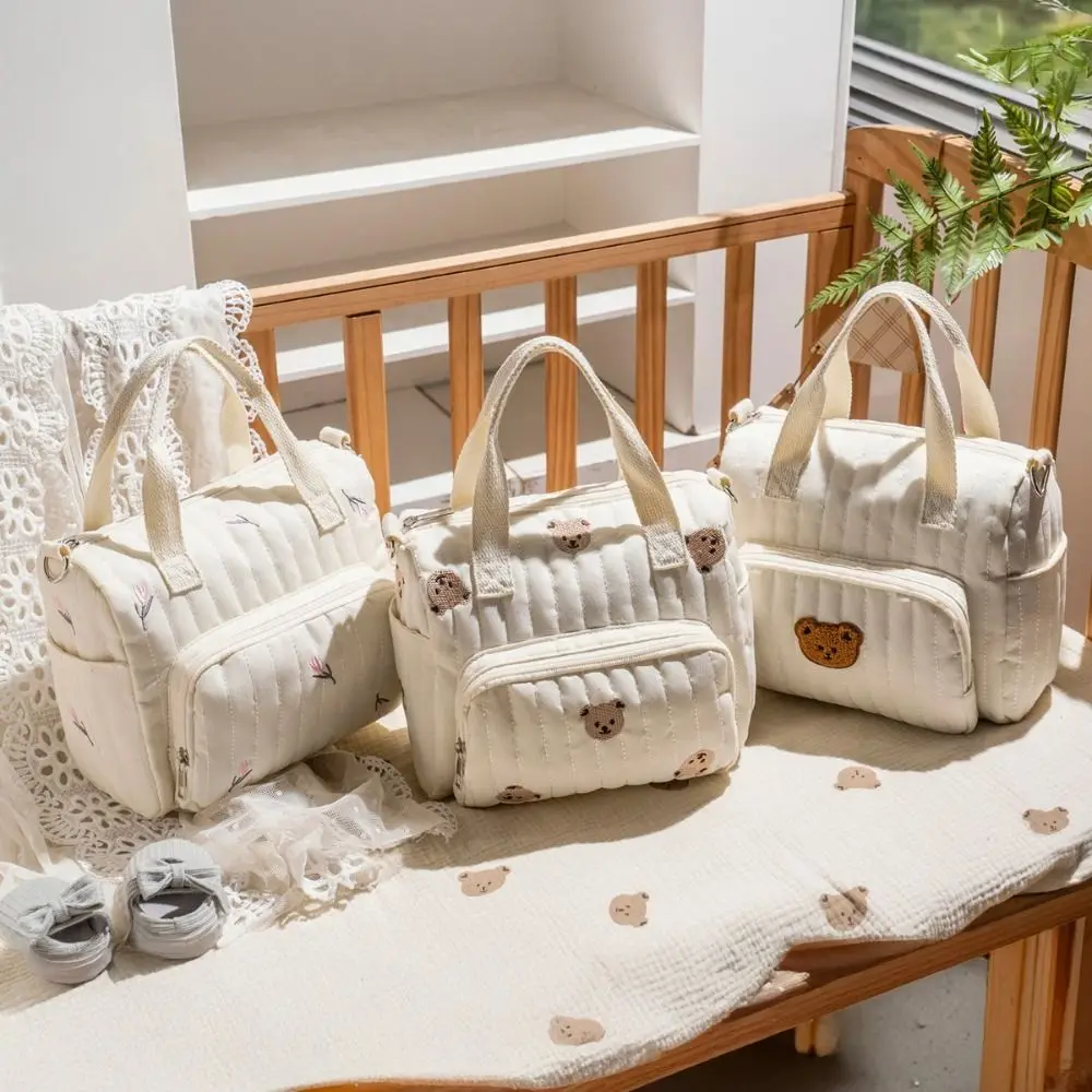 Korean Style Mummy Bag Embroidery Flower Baby Diaper Organizer Multi-pocket Lightweight Quilted Embroidered Shoulder Bag