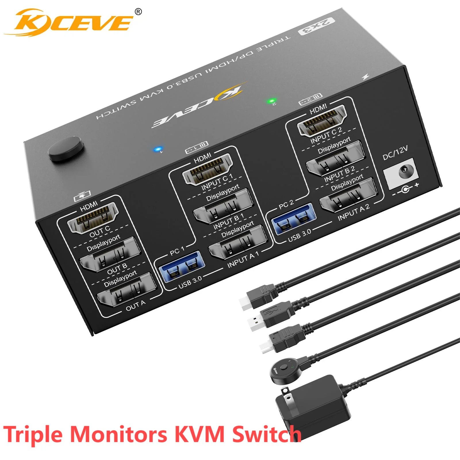 KVM Switch 3 Monitors 2 Computers, Triple Monitors KVM Switch DisplayPort HDMI 3 Ports 8K@60Hz 4K@144Hz with 4 USB 3.0 Ports HUB