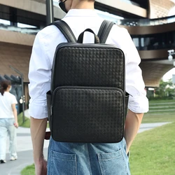 Men's Leather Woven Backpack Large Capacity Business Commuting Computer Bag Trend Male Backpack