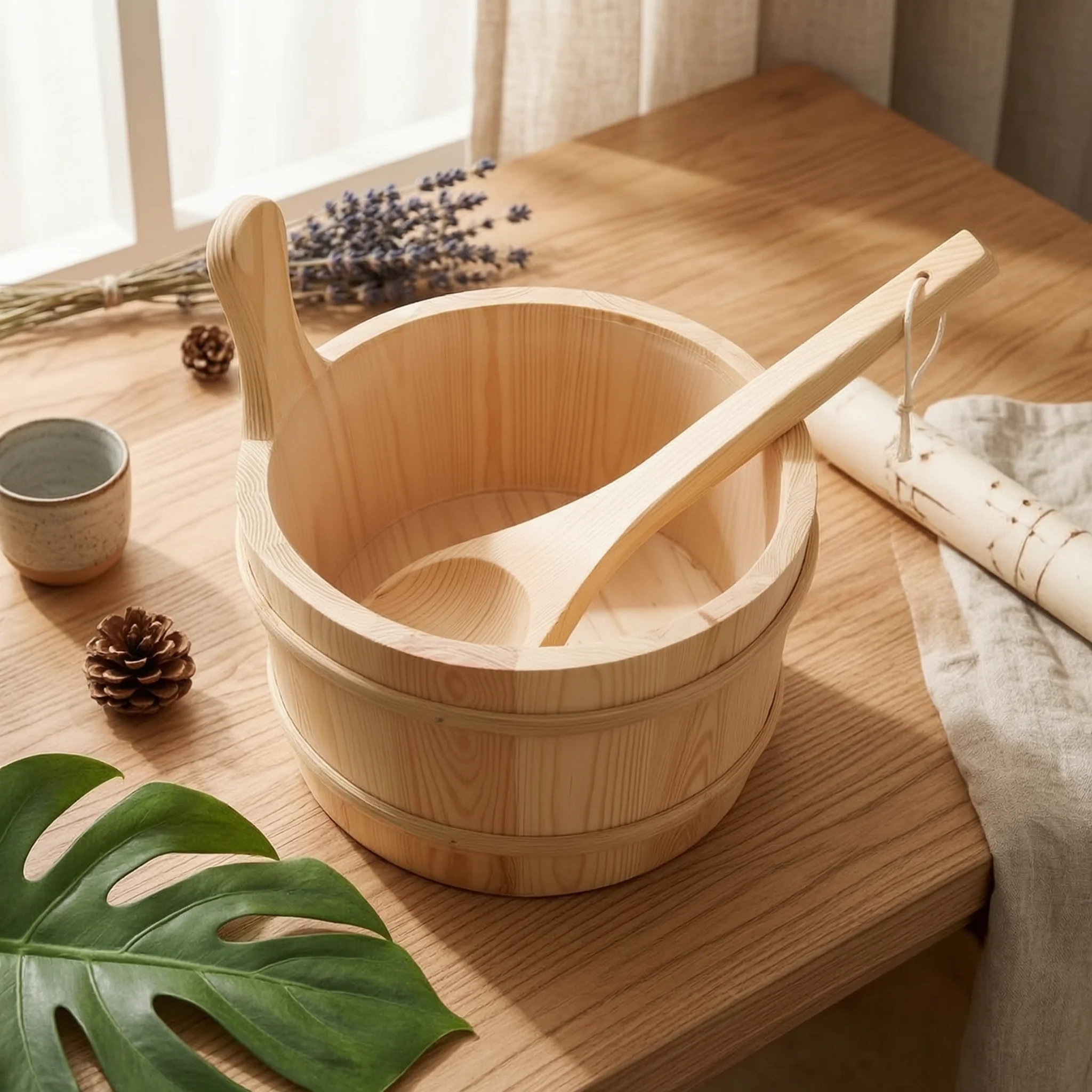 Wooden Sauna Pail with Ladle Handmade Sauna Pail with Ladle Long-Lasting Eco-Friendly for Homeowners, Steam Room, Bathhouse