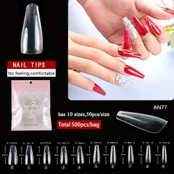 TSZS 500pcs/lot 10 Size Artificial ABS False Full Cover Long Nails Salon Transparent Clear Acrylic Stiletto Fake Nail Tips
