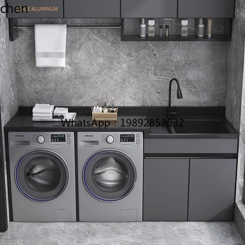 space aluminum washing machine cabinet high and low basin laundry cabinet with washboard