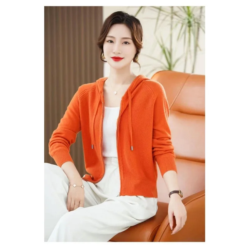 Women Hooded Knitted Cardigan Long Sleeve Sweater Sweatshirt Coats Zipper Cardigan Korean Fashion Tops Spring Autumn Jacket