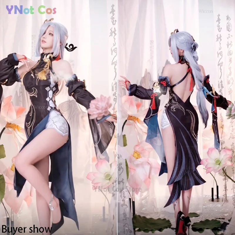 Game Genshin Impact Shenhe New Skin Shenhe Cosplay Kostuum Black Cheongsam Shenhe Wig Schoenen Vrouwen Halloween Carnaval Pak