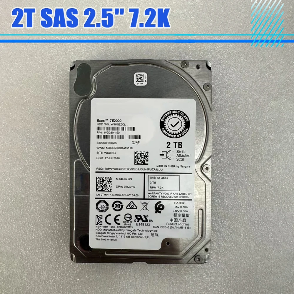 HDD 2T SAS ST2000NX0463 0433 2.5'' 0TMVN7 0XY986 Hard Disk For DELL