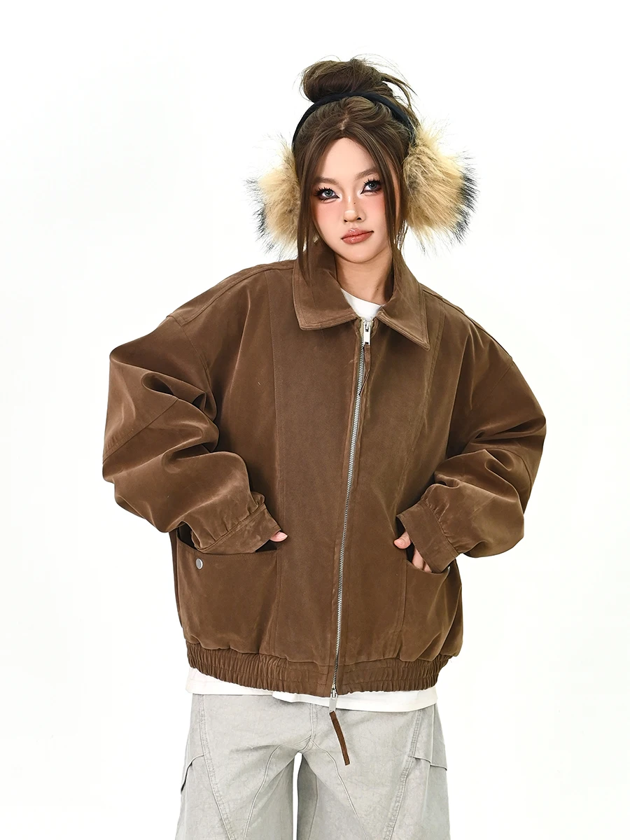 

Женская замшевая куртка Street Sle свободного кроя с воротником-стойкой, весна 2026, новинка, американский повседневный стиль, модная верхняя одежда