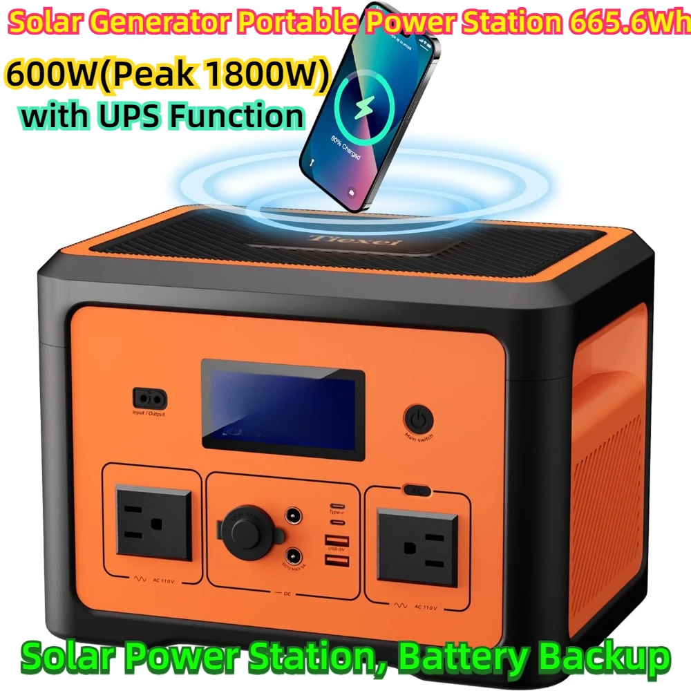 600W(Peak 1800W) Solar Power Station, Battery Backup with UPS Function, Solar Generator Portable Power Station 665.6Wh,