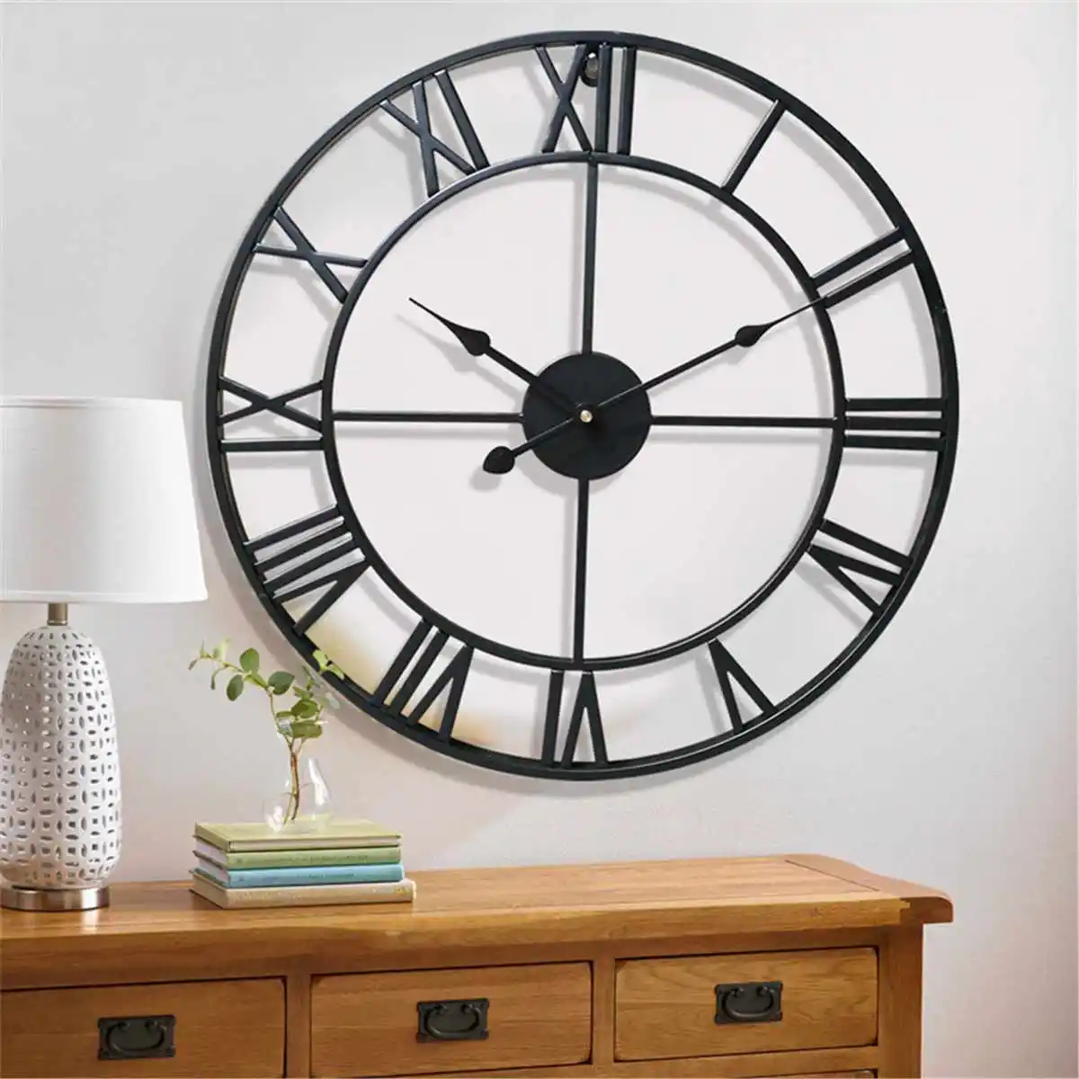 60CM Large 3D Wall Clocks Roman Numerals Retro Round Metal Iron Accurate Silent Nordic Hanging Ornament Living Room Decoration