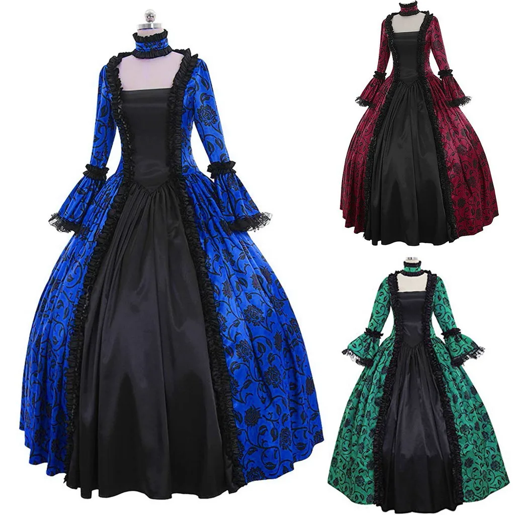 New Women\'s Retro Long Sleeve Dress Medieval Victorian Court Lace Stitching Dress Gothic Dress Cosplay Party Costume S-5XL