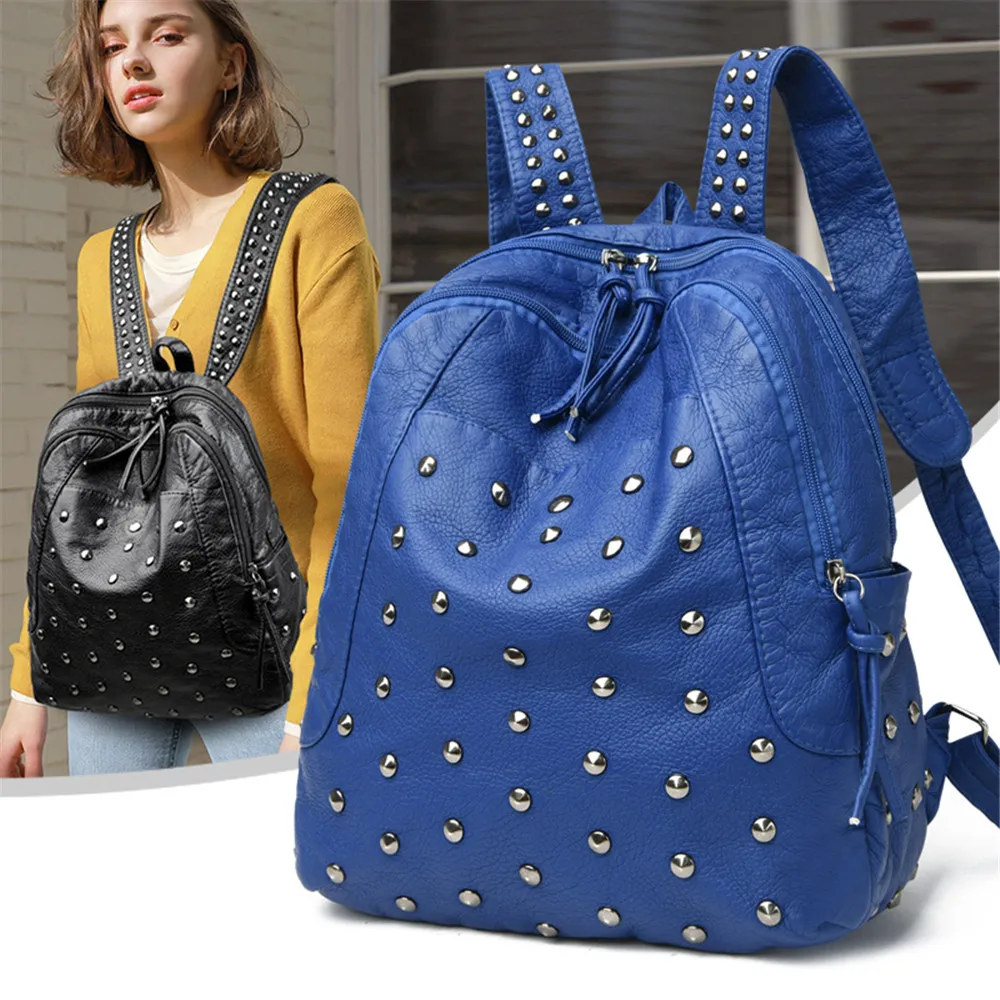 Vintage Women \'s Rivets Backpack Quality Soft Leather Leisure Travel Large Capacity School Bags for Teenage Girls Black Mochilas