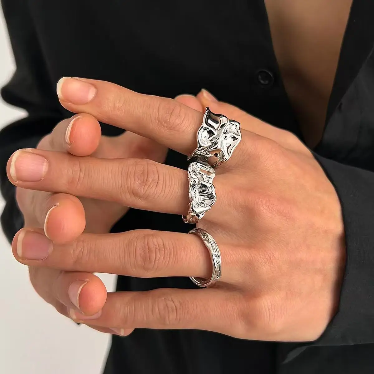 2025 New Punk Style 3 PCS Irregular Men's And Women's Geometric Opening Ring, Fashion Minimalist, Suitable For Men And Women Dai image 2